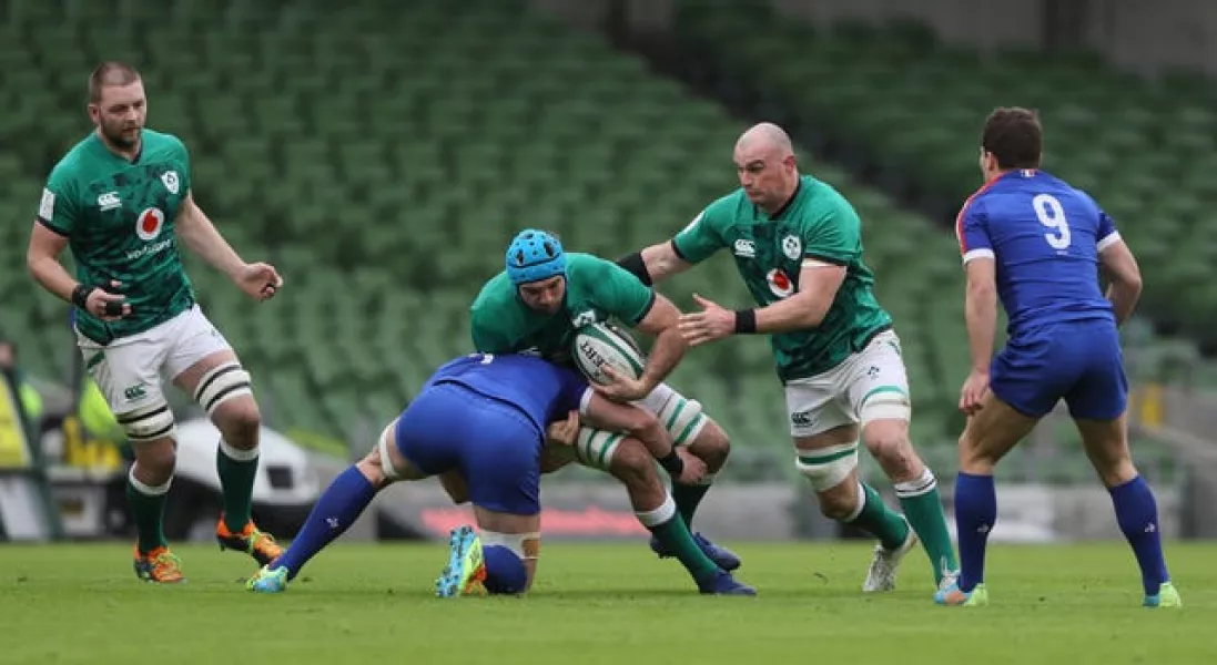 Tadhg Beirne, with ball, has won 27 caps for Ireland