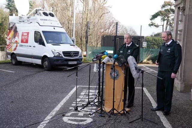 Chief Constable Simon Byrne (left) and Assistant Chief Constable Mark McEwan from the Police Service of Northern Ireland (PSNI) speak to the media 