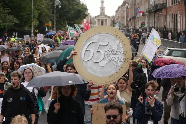 Students take part in a march and rally to highlight the accommodation crisis, at Merrion Square, Dublin, ahead of the budget