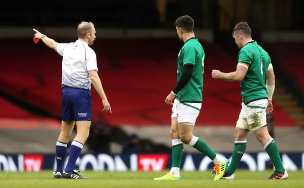 Peter O’Mahony, right, was dismissed by referee Wayne Barnes just 14 minutes into Ireland's 2021 Guinness Six Nations campaign