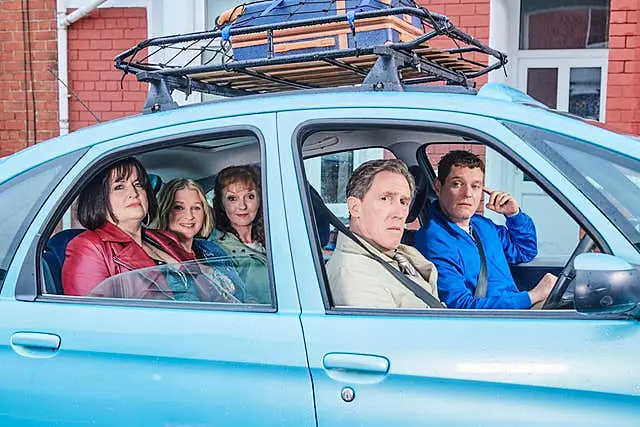 Ruth Jones as Nessa, Joanna Page as Stacey, Melanie Walters as Gwen, Rob Brydon as Bryn, and Matthew Horne as Gavin