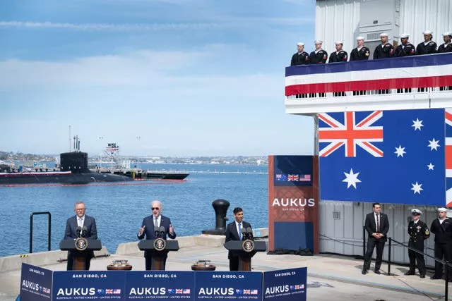 Prime Minister Rishi Sunak during a press conference with US President Joe Biden and Prime Minister of Australia Anthony Albanese at Point Loma naval base in San Diego, US, to discuss the procurement of nuclear-powered submarines under a pact between the three nations as part of Aukus, a trilateral security pact between Australia, the UK, and the US 