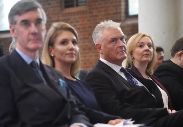 Former prime minister Liz Truss, right, and Lee Anderson, second right, during the launch of the Popular Conservatism movement 