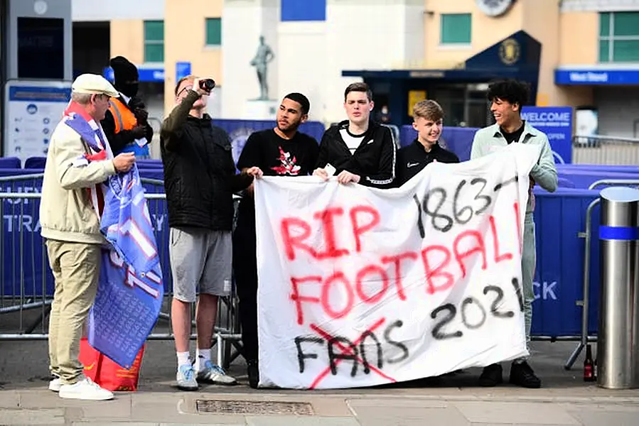 Chelsea fans protested against the European Super League before their match with Brighton on Tuesday