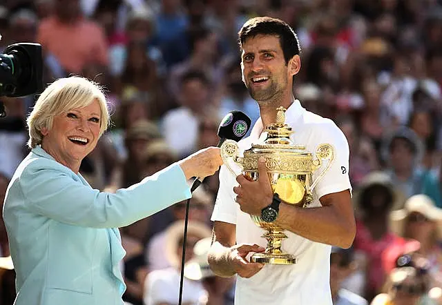 Sue Barker interviews Novak Djokovic after he won the championship in 2018