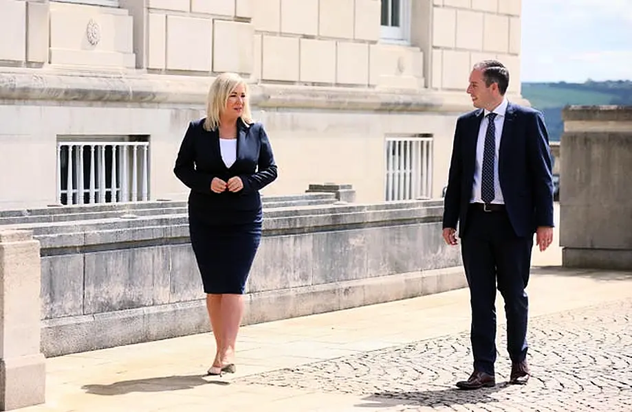 Paul Givan and Michelle O'Neill outside Parliament Buildings after they were nominated First Minister and deputy First Minister respectively 