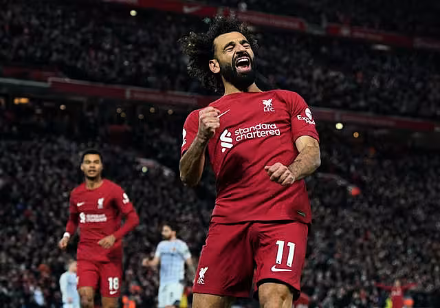 Mohamed Salah celebrates his 20th goal of the campaign