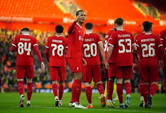 Liverpool’s Virgil van Dijk celebrates scoring 