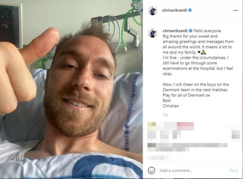Christian Eriksen gives a thumbs up in an Instagram post 