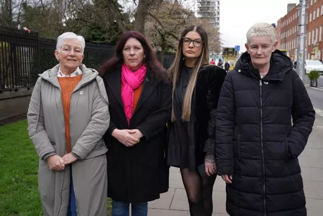 Family members and supporters (left to right) Bernie Darcy, Siobhan Kearney who lost her brother Liam Dunne, Lisa Lawlor who lost her father Francis and mother Maureen, and survivor Deirdre Dames who lost her best friend Margaret Kiernan outside Dublin Coroner’s Court 