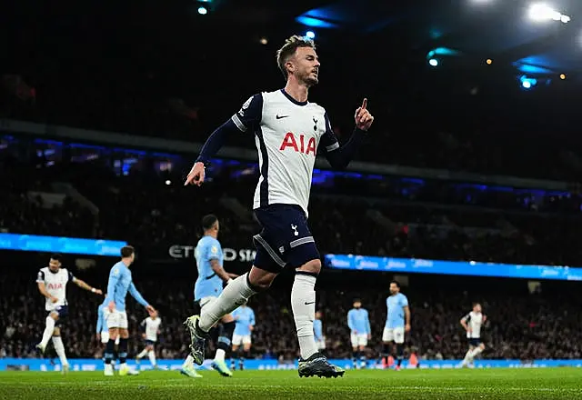 Tottenham Hotspur’s James Maddison celebrates scoring their side’s first goal against Manchester City