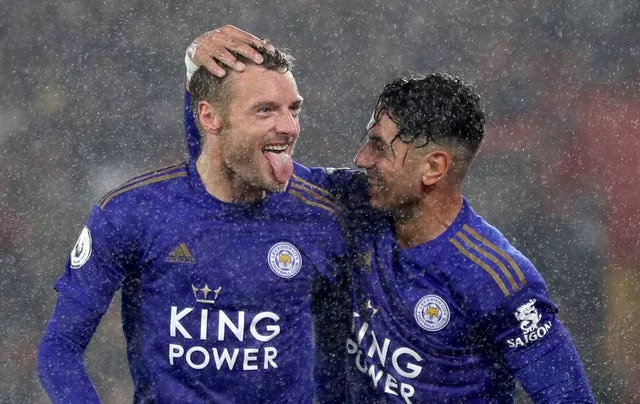 Jamie Vardy, left, and Ayoze Perez celebrate against Southampton