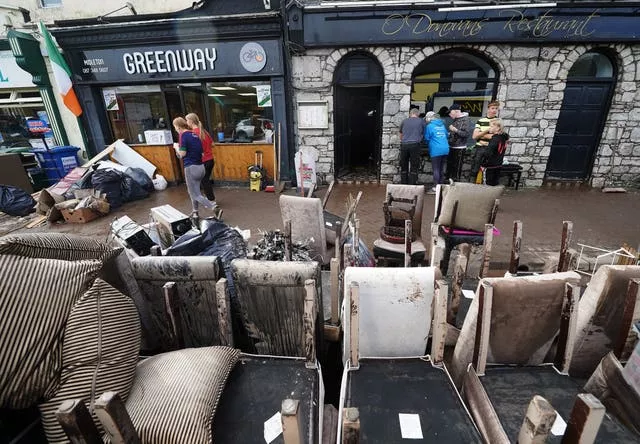 Damaged chairs outside O’Donovan’s Restaurant on Main street in Midleton, Co Cork after flooding in 2023
