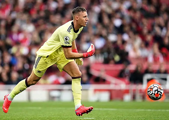 Arsenal goalkeeper Bernd Leno rolls the ball out during a Premier League match