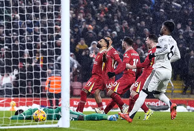 Liverpool’s Mohamed Salah celebrates scoring their side’s second goal of the game during the Premier League match at Anfield, Liverpool. Picture date: Sunday January 5, 2025