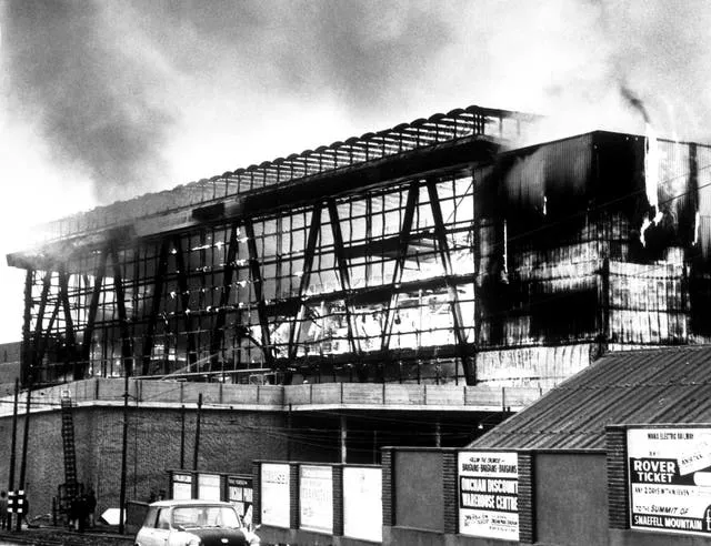 Flames in the skeleton of the Summerland entertainment centre in Douglas, Isle of Man, during the blaze in 1973