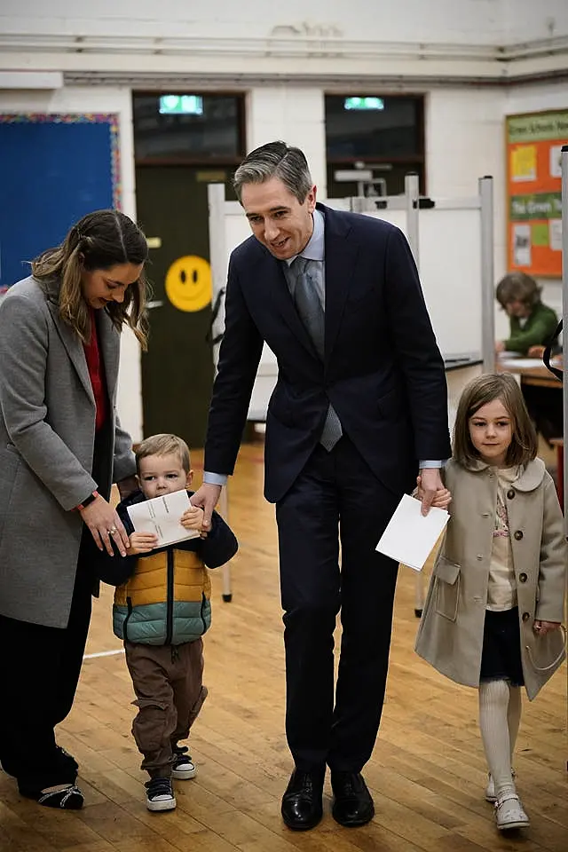 Taoiseach and Fine Gael leader Simon Harris casts his vote at Delgany National School, County Wicklow