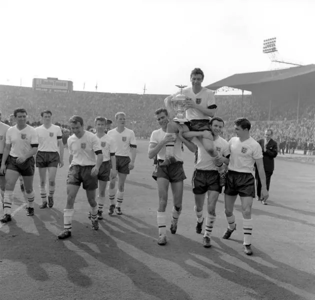 Jimmy Greaves, third from the left, with the victorious England team after the 1961 Home International Championship 