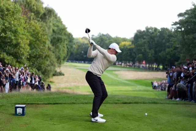 Rory McIlroy drives on the 17th hole at Wentworth