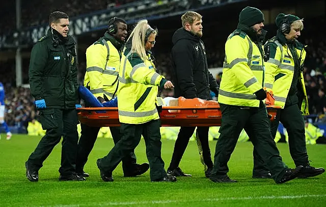 Everton’s Armando Broja leaves the game on a stretcher