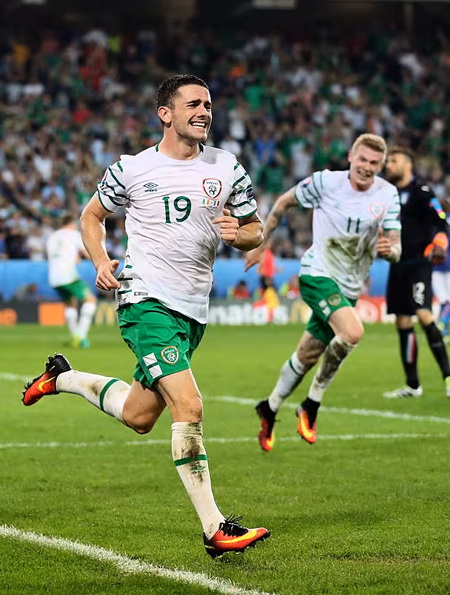 Robbie Brady celebrates scoring against Italy at Euro 2016