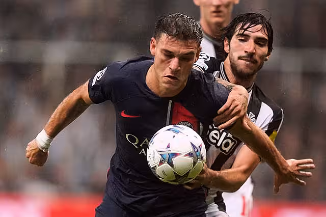 Paris Saint-Germain’s Manuel Ugarte in Champions League action against Newcastle