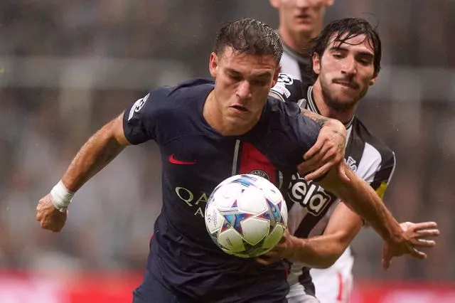 Paris Saint-Germain’s Manuel Ugarte in Champions League action against Newcastle