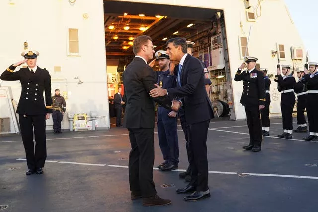 Prime Minister Rishi Sunak welcomes Ulf Kristersson, Prime Minister of Sweden, on board HMS Diamond