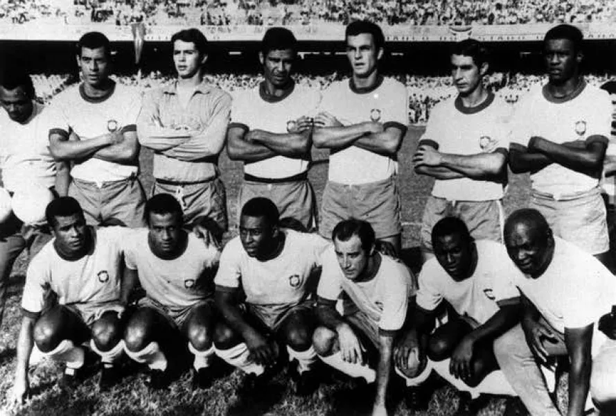 A line up of the 1970 Brazil team: Standing left to right: Carlos, Alberto, Leao, Brito, Fontana, Piazza, Marcos and Antonio. Below : Jairzinho, Direfu, Lopez, Pele, Gerson and Edu 