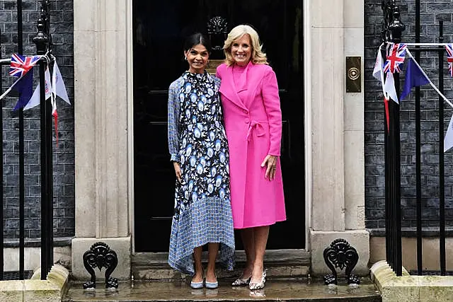 Akshata Murty greets Jill Biden outside 10 Downing Street 