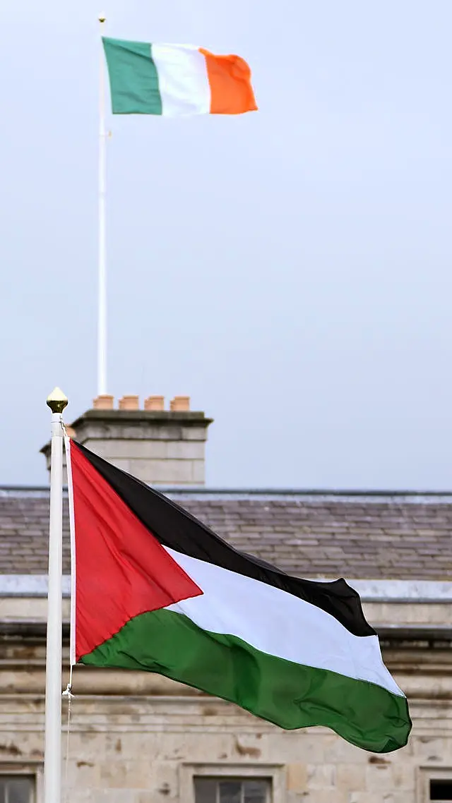 A Palestinian flag flying outside Leinster House with an Irish flag in the distance