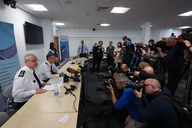 PSNI Chief Constable Simon Byrne (left) with Assistant Cheif Constable Chris Todd during a press conference on Thursday (Liam McBurney/PA)