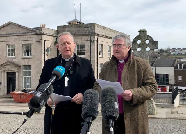 Catholic Primate of All Ireland Archbishop Eamon Martin, left, and the Church of Ireland Primate of All Ireland Archbishop John McDowell speaking to the media in Armagh on the war in Ukraine and the response to the refugee crisis