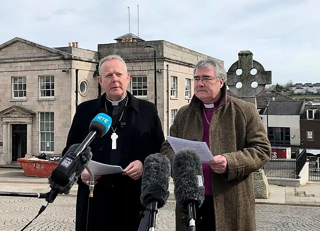 Catholic Primate of All Ireland Archbishop Eamon Martin, left, and the Church of Ireland Primate of All Ireland Archbishop John McDowell speaking to the media in Armagh on the war in Ukraine and the response to the refugee crisis