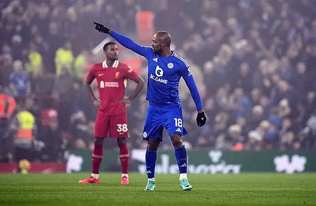 Jordan Ayew celebrates after putting Leicester in front against Liverpool