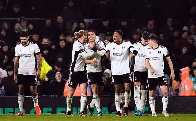Fulham's Joao Palhinha celebrates with his team-mates