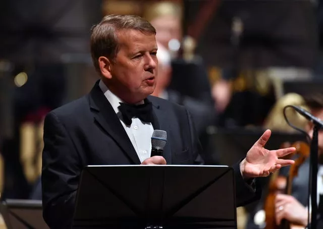 Bill Turnbull presents on stage with the Royal Liverpool Philharmonic Orchestra during Classic FM’s 25th birthday concert at the Liverpool Philharmonic Hall in 2017