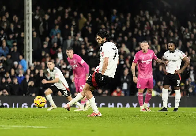 Fulham’s Raul Jimenez scores his sides second goal from the penalty spot during the Premier League match against Ipswich at Craven Cottage