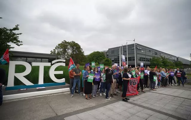 RTE staff protest at the broadcaster’s headquarters in Donnybrook, Dublin