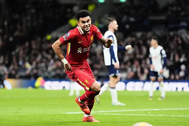 Liverpool’s Luis Diaz celebrates scoring their sixth goal at Tottenham