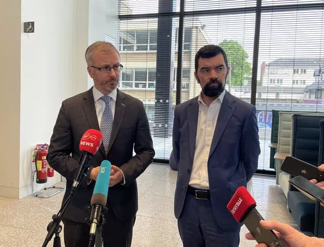 Minister for Equality and Integration Roderic O’Gorman (left), and Minister of State Joe O’Brien, speaks to the media about the State’s response to house asylum seekers and some local opposition to the Government’s approach 