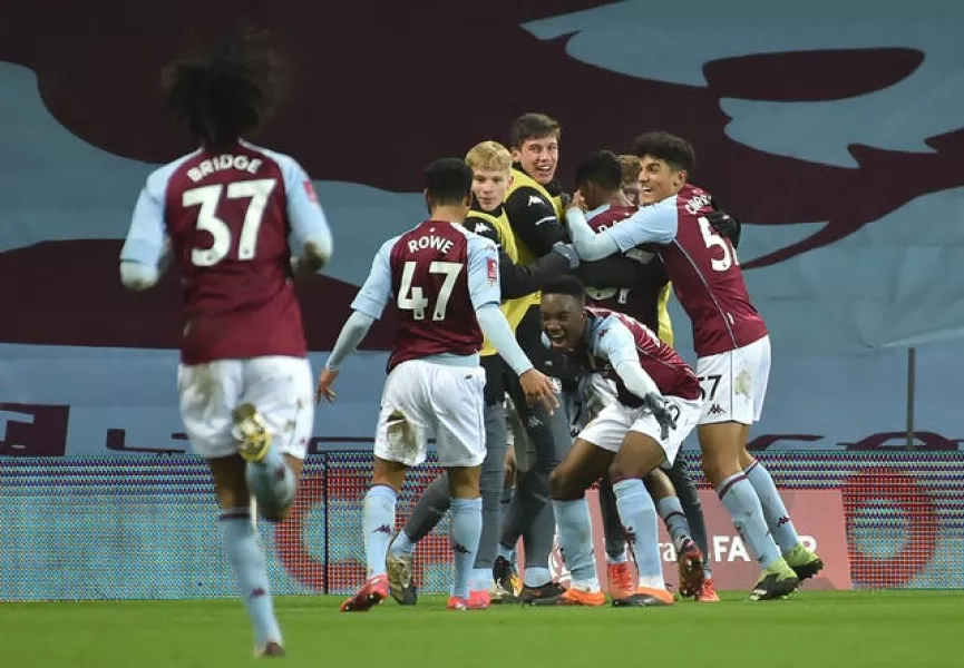 Aston Villa celebrate Louie Barry's equaliser 