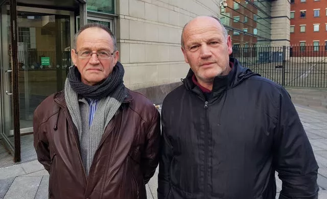 David Thompson (left) and his brother Erne Thompson outside Laganside Courts in Belfast for a previous inquest hearing into the death of their mother (Rebecca Black/PA)