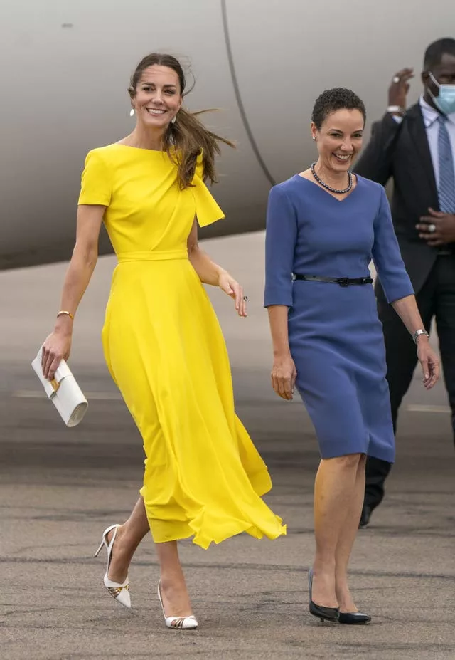 The Duchess of Cambridge with Jamaica’s Minister of Foreign Affairs and Foreign Trade Kamina Johnson-Smith (right) at Norman Manley International Airport in Kingston on day four of their 2022 tour