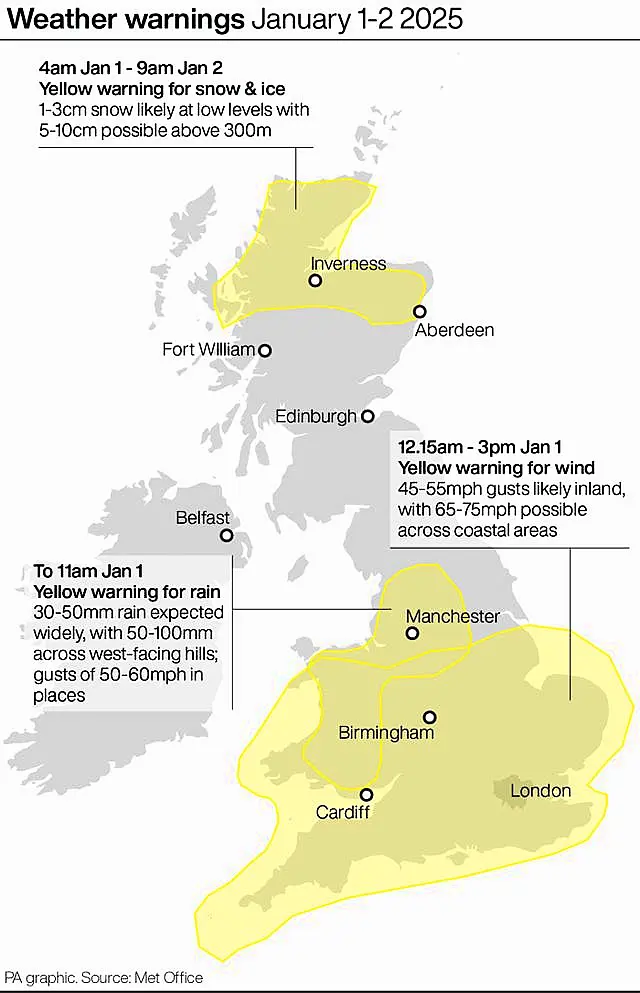 Weather warnings January 1-2 2025