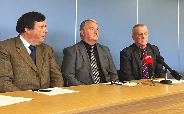 Loyalist Communities Council members David Campbell, Jim Wilson and Jackie McDonald during a meeting