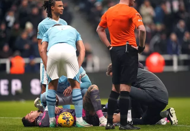 Manchester City goalkeeper Ederson was forced off early