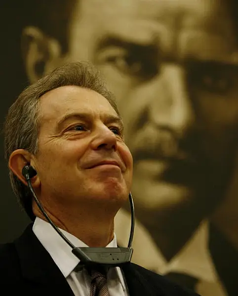 An image of Turkey’s founder Kemal Ataturk, at Esenboga airport in Ankara, as Tony Blair listens (Eddie Keogh/Pool/PA)