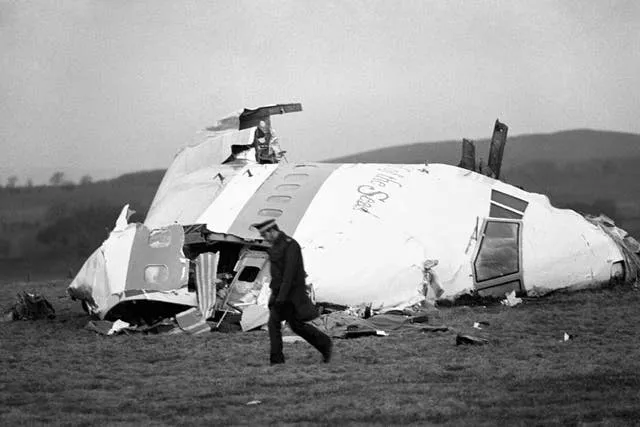 The wrecked nose section of the Pan-Am Boeing 747 in a Scottish field at Lockerbie, near Dumfries, after the plane, which had been flying from Frankfurt to New York, was blown apart by a terrorist bomb 