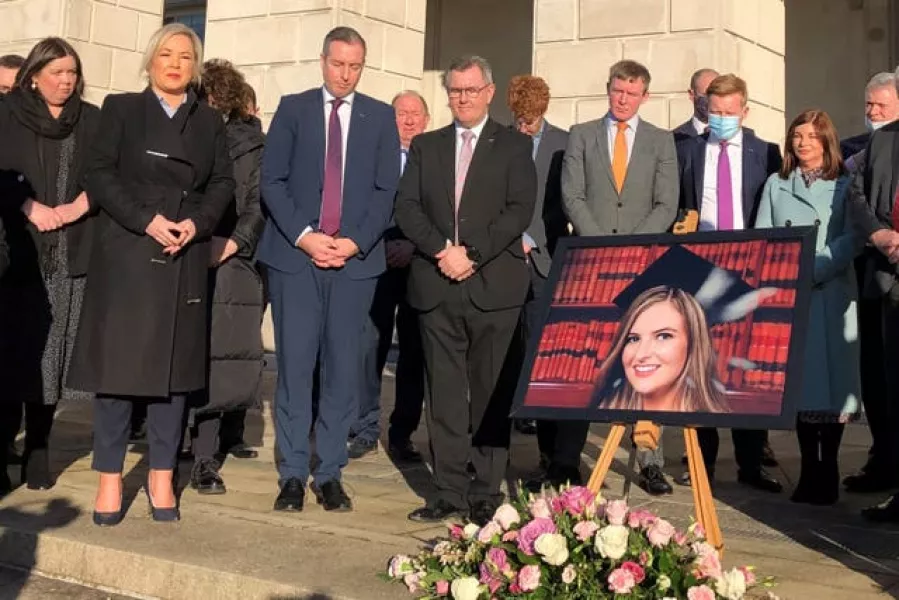 Deputy First Minister Michelle ONeill, First Minister Paul Givan and DUP leader Sir Jeffrey Donaldson take part in a silent vigil on the steps of Parliament Buildings, Stormont, for Ashling Murphy who was found dead after going for a run in Co Offaly